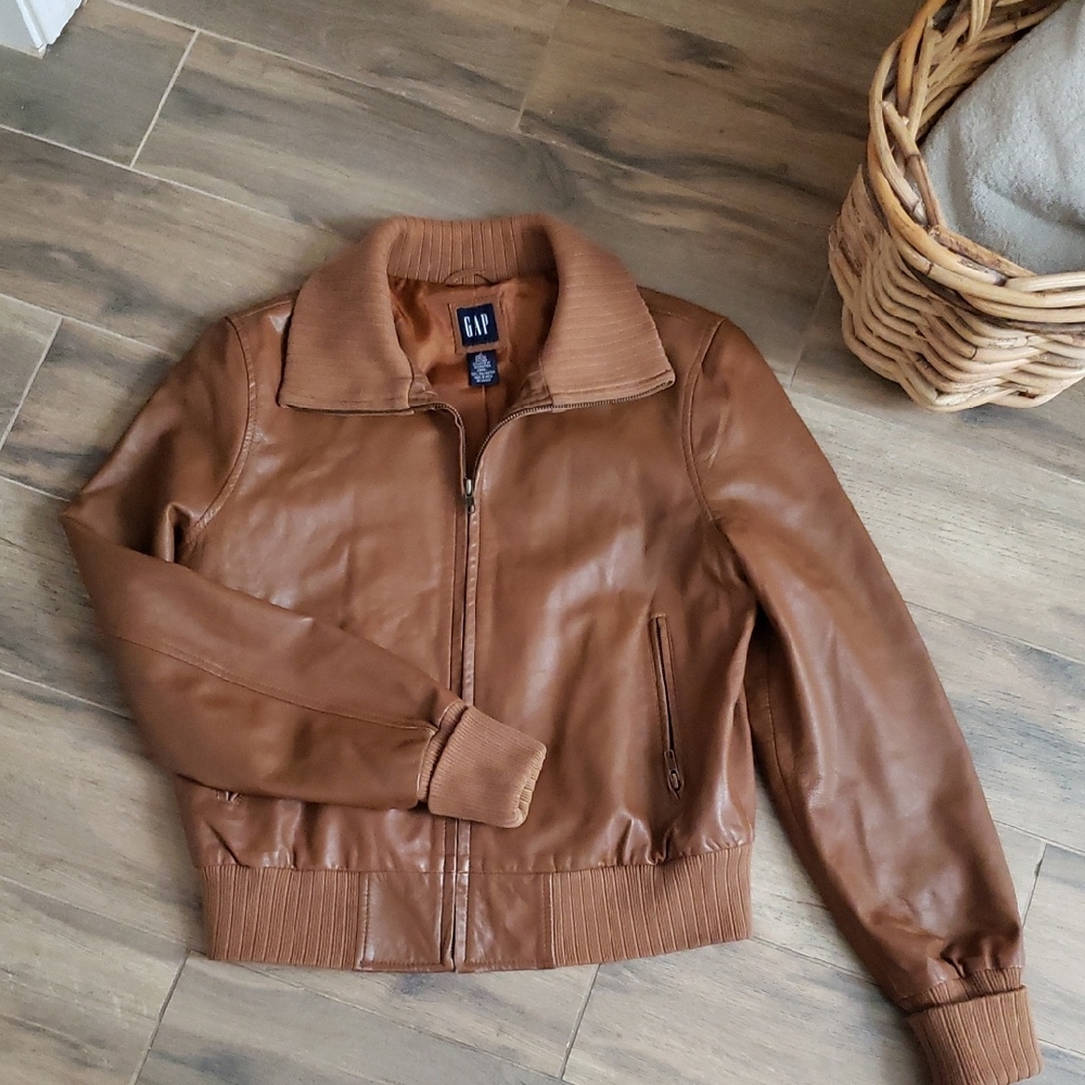 GAP Men's Tan Leather Bomber Jacket